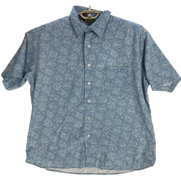 Roundy Bay Hawaiian Button Up Shirt XL Blue All Over Fish Print Short Sleeves - Picture 1 of 7